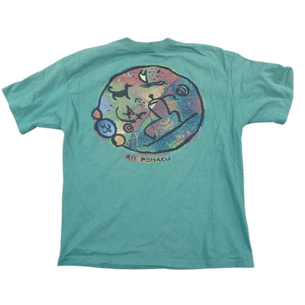 Crazy Shirts Ki'i Põhaku Hawaiian Stone Art Shirt Men M Teal Single Stitch 90s